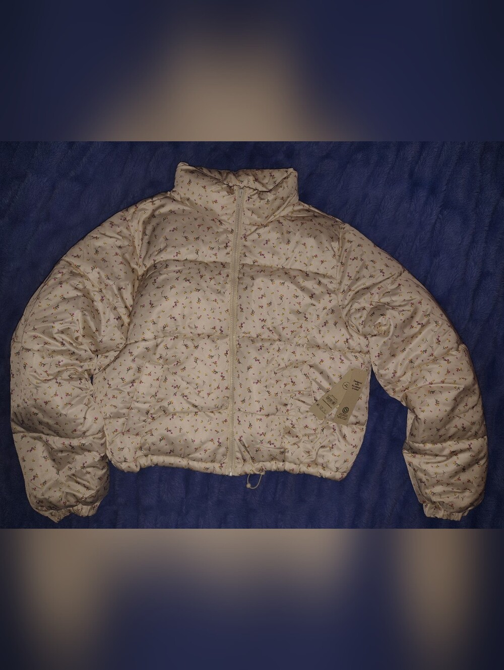Cream Puffer Jacket with Tiny Floral Print